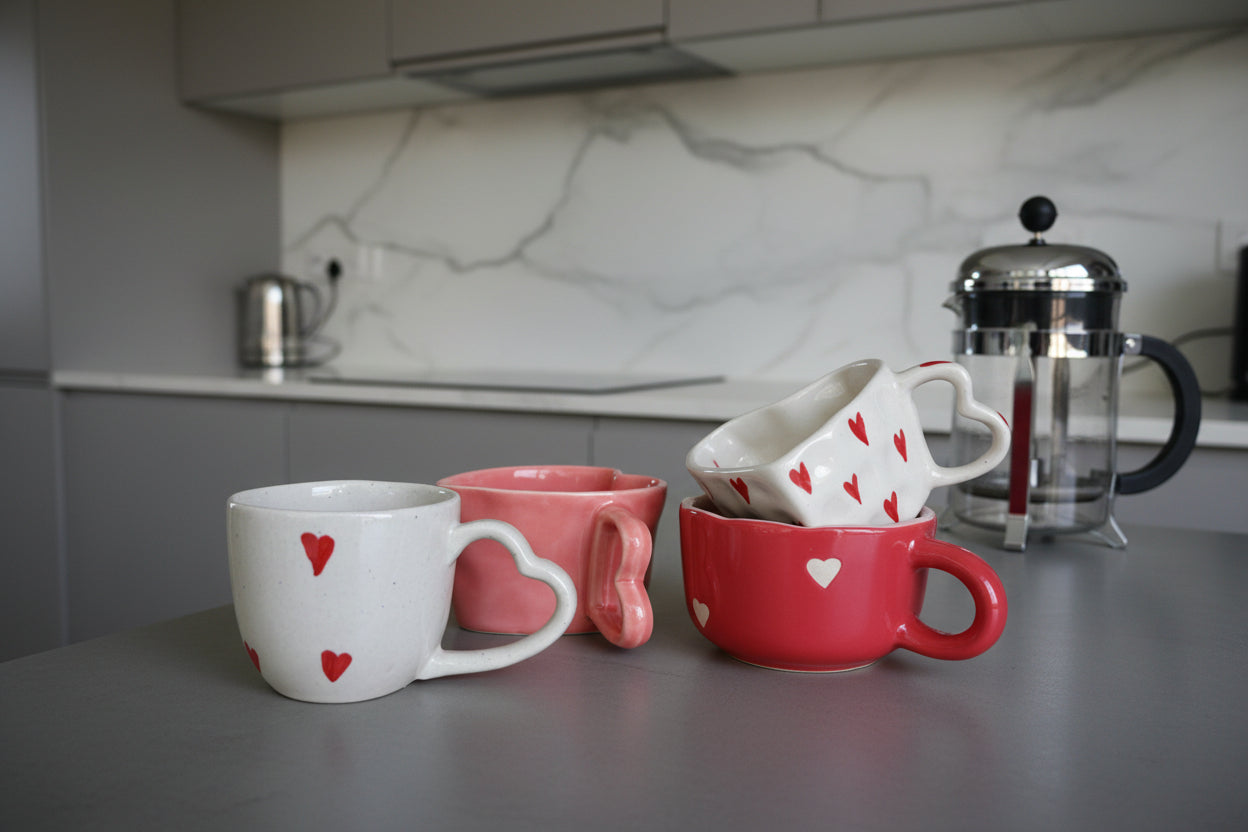 The Love Story Quartet ; Red Lovebird + White Lovebird + valentine Mug + Cute Heart Cup
