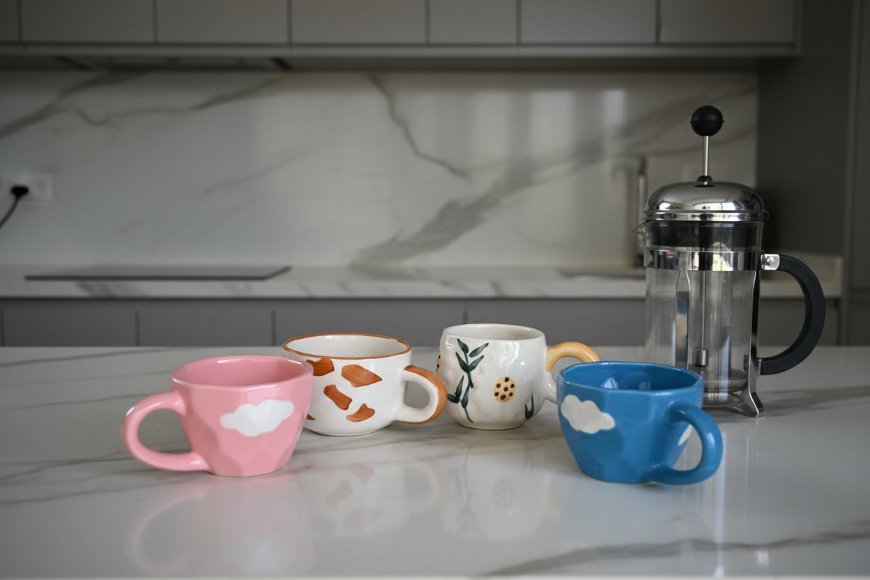 The Happy Day Set ; Cloud Cup Blue + Cloud Cup Pink + Daisy Mug + Cute Puppy Mug