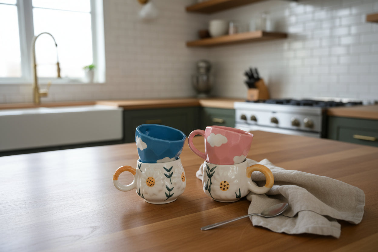 Daydreamer's Mug Set ; 2 Daisy Mugs + Blue Cloud Cup + Pink Cloud Cup