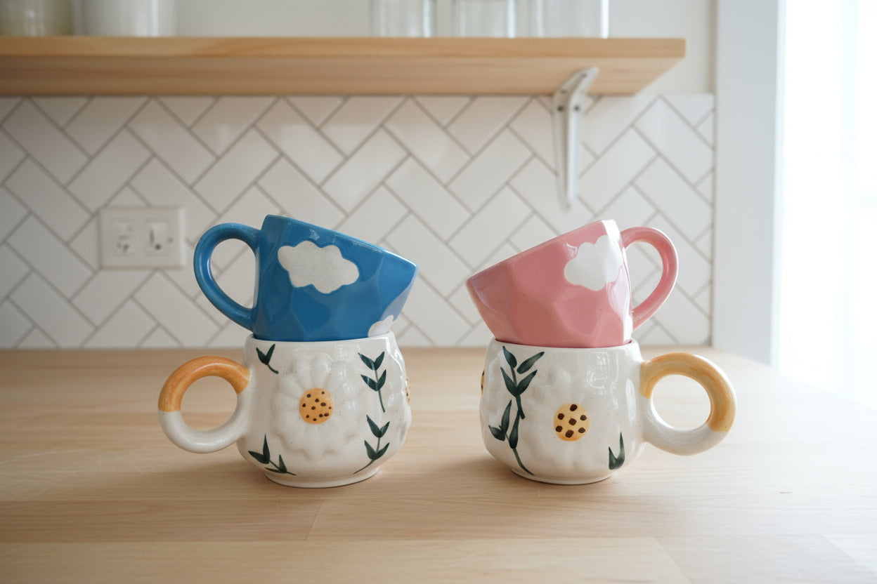Daydreamer's Mug Set ; 2 Daisy Mugs + Blue Cloud Cup + Pink Cloud Cup