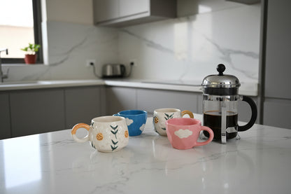 Daydreamer's Mug Set ; 2 Daisy Mugs + Blue Cloud Cup + Pink Cloud Cup